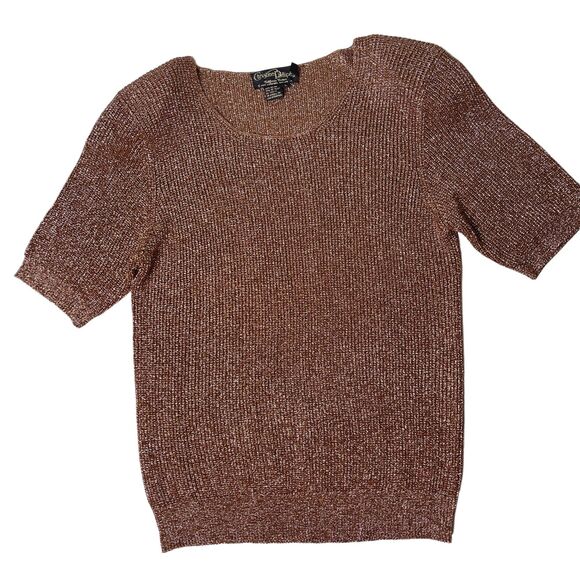Vintage 90s Christine Phillipe Rose Gold Metallic Knit Short Sleeve Sweater - Picture 1 of 6